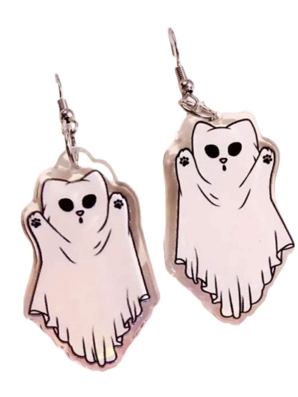 Ghost Cat Halloween Earrings Acrylic Dangle Kawaii Paw Prints NWOT